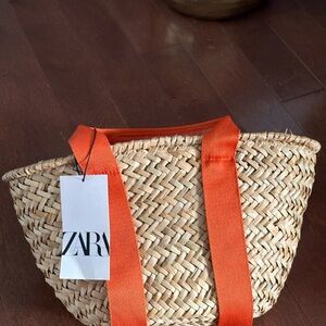 ZARA Straw Mini Tote with Bright Orange Straps